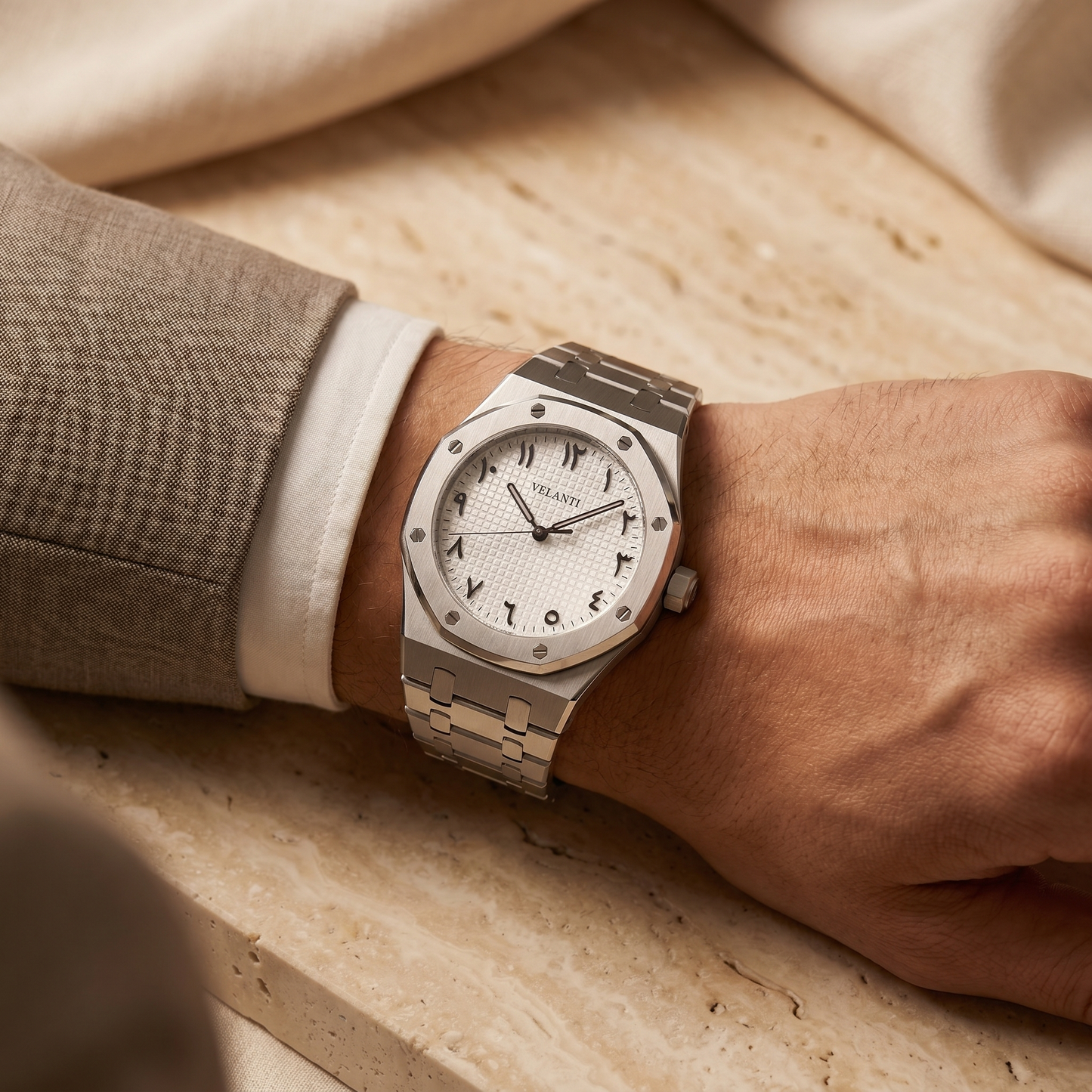Royal Oak-style custom mod watch, Velanti Milano Royal Veloak Arabic White worn on wrist photo 6