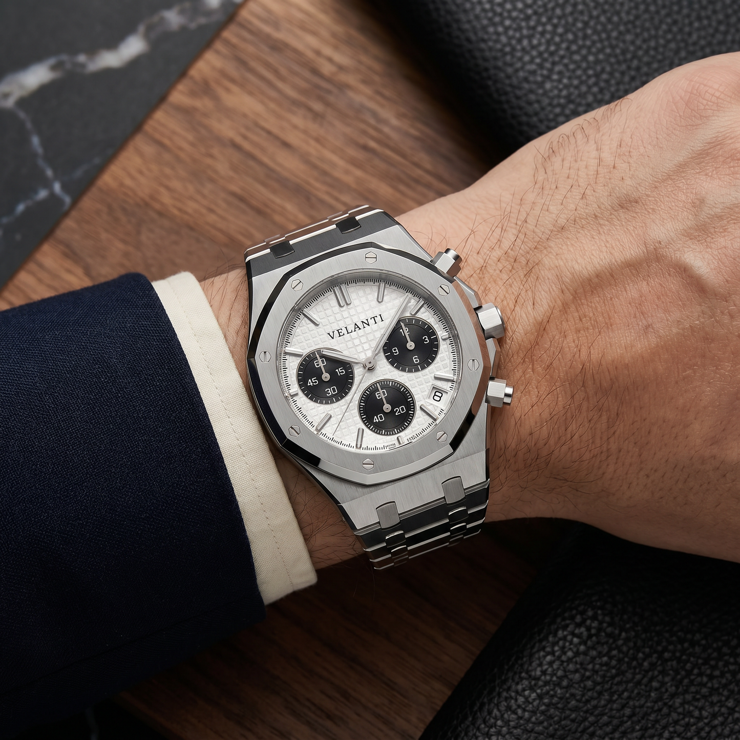 Royal Oak-style custom chronograph watch, Velanti Milano Royal Veloak Chrono Panda worn on wrist photo 11