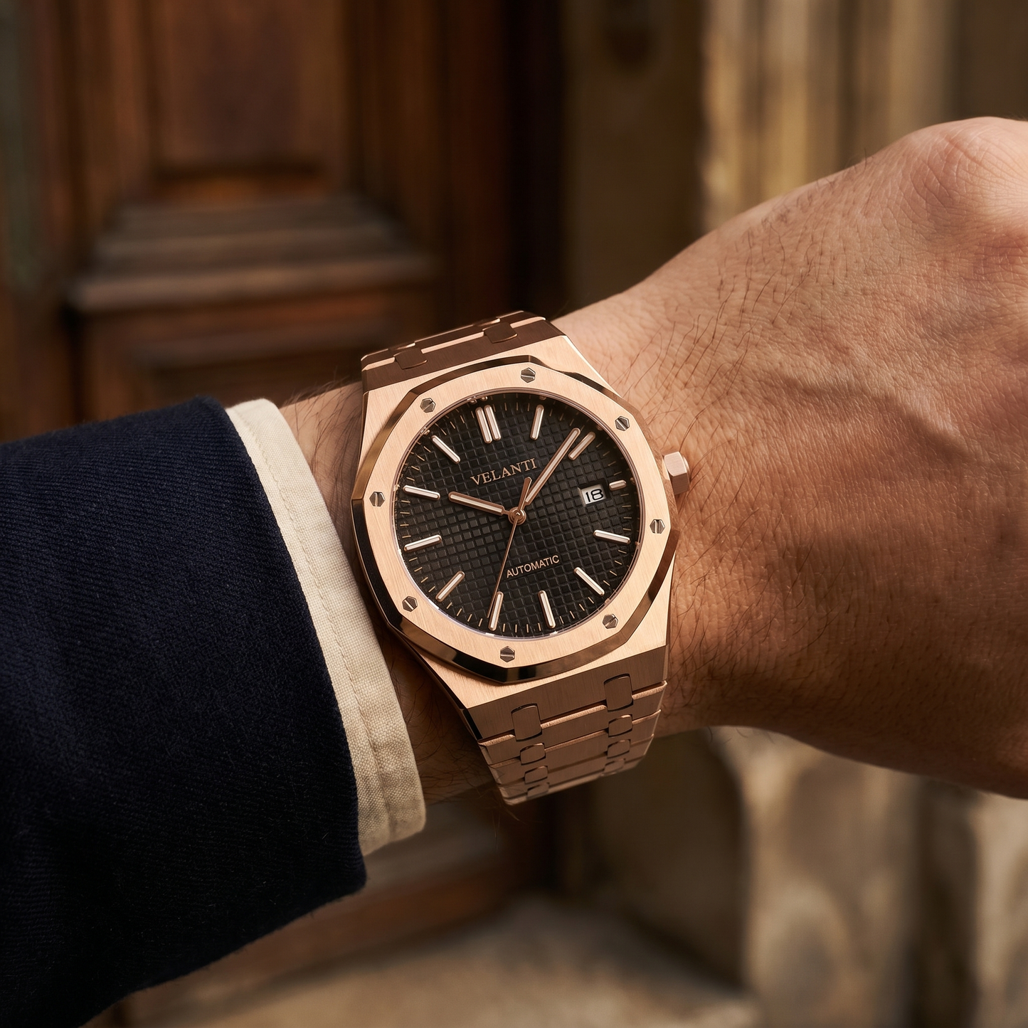 Royal Oak-style custom mod watch, Velanti Milano Royal Veloak Rose Gold Black, product photo 6