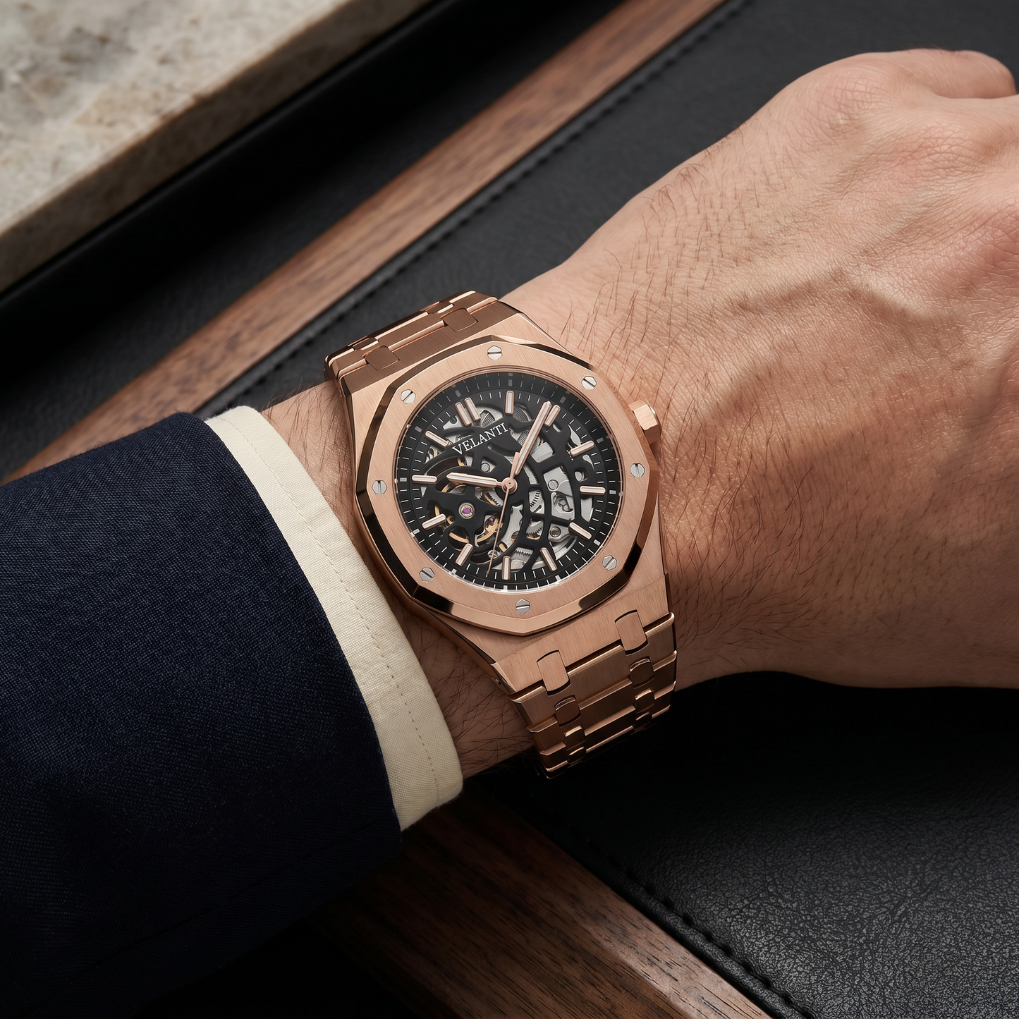 Royal Oak-style custom mod watch, Velanti Milano Royal Veloak Rose Gold Skeleton worn on wrist photo 12