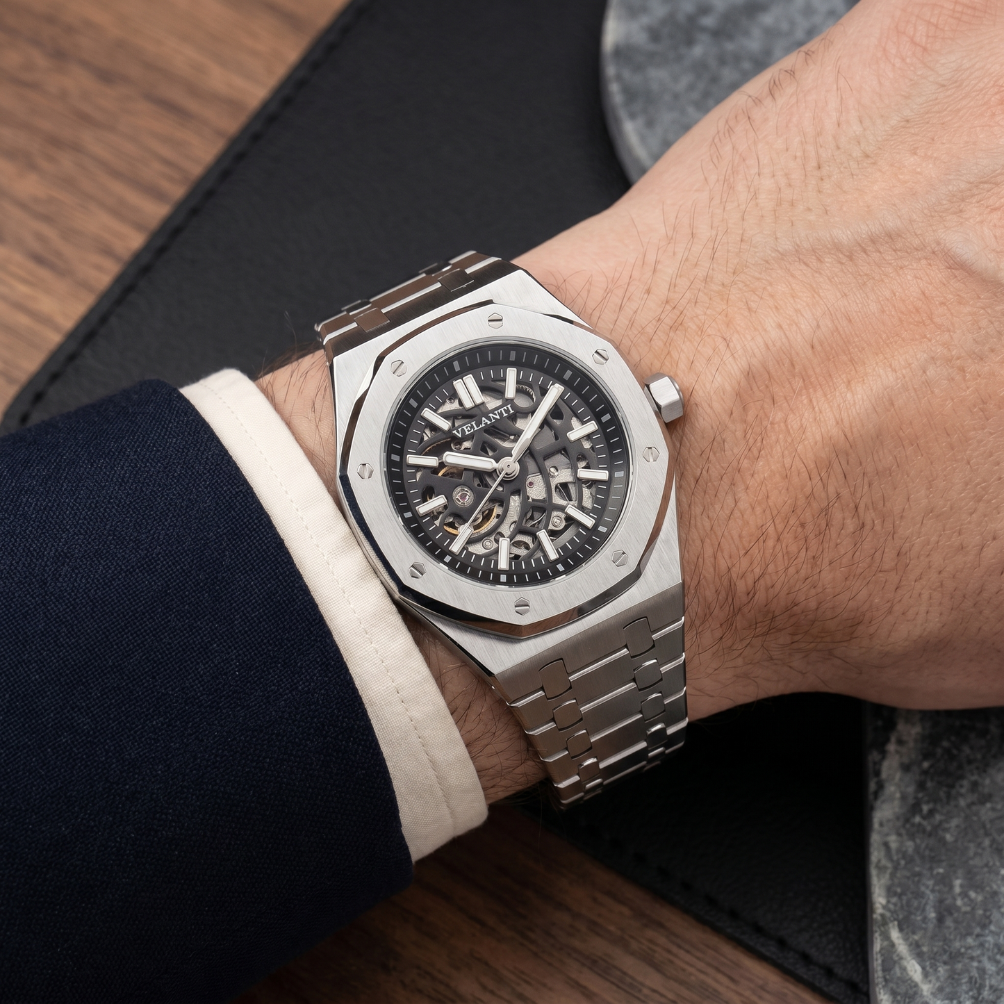 Royal Oak-style automatic watch, Velanti Milano Royal Veloak Skeleton, on-wrist photo