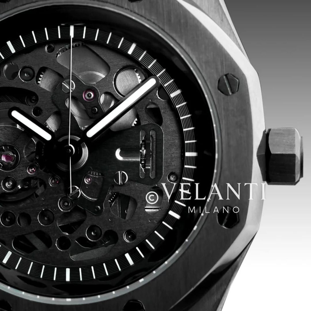 Royal Oak-style custom mod watch, Velanti Milano Royal Veloak Skeleton Full Black, product photo 4