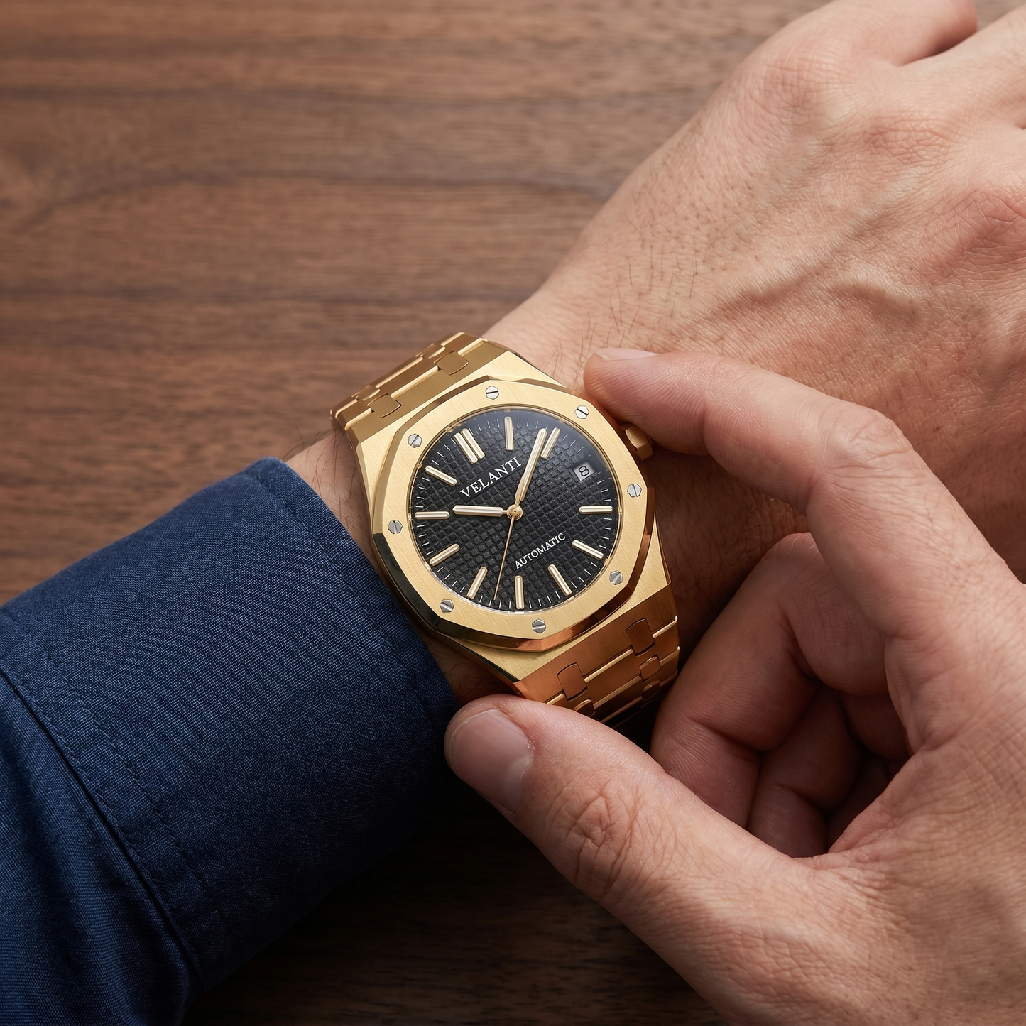 Royal Oak-style custom mod watch, Velanti Milano Royal Veloak Yellow Gold worn on wrist photo 6