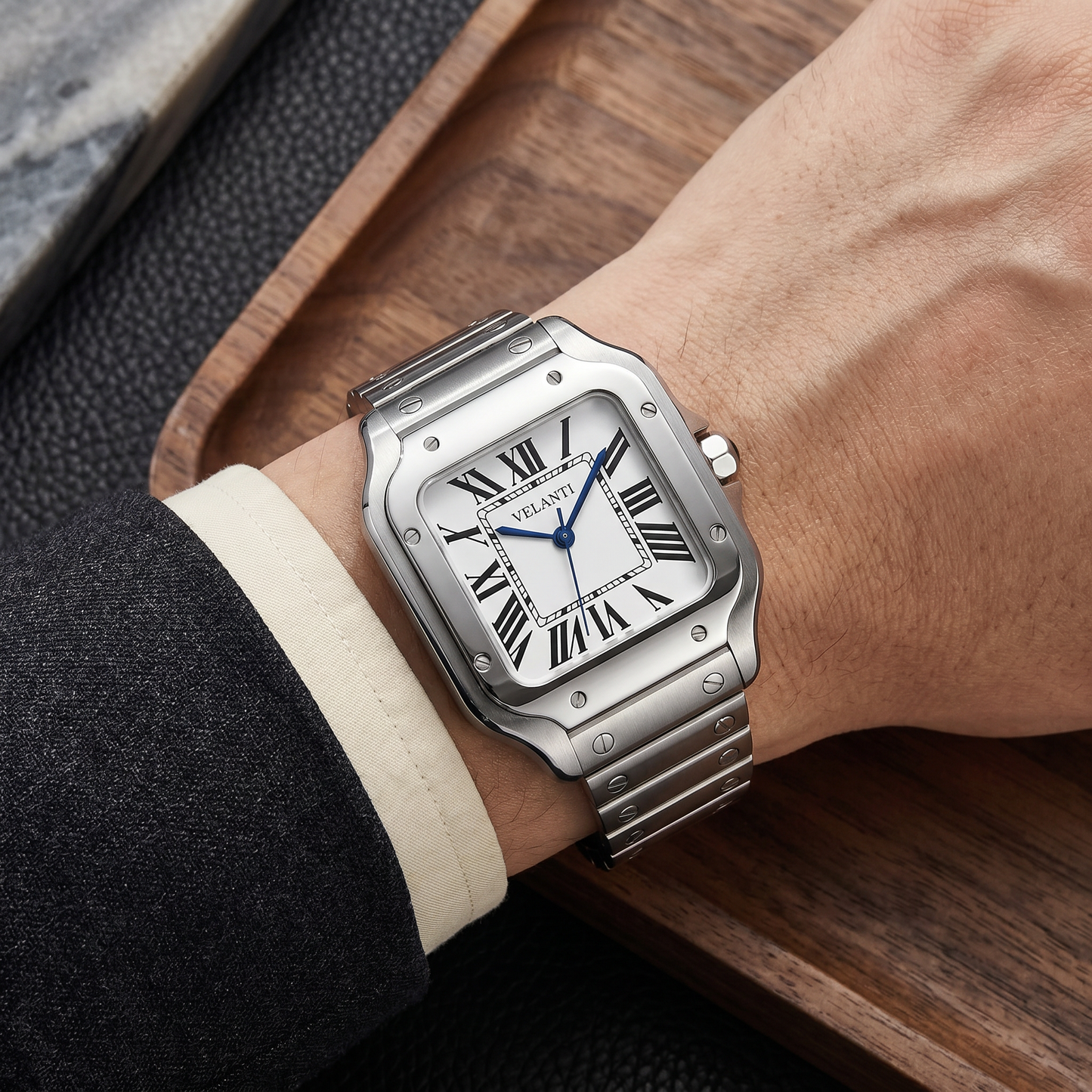 Santos-style custom mod watch, Velanti Milano Santvel White worn on wrist photo 14