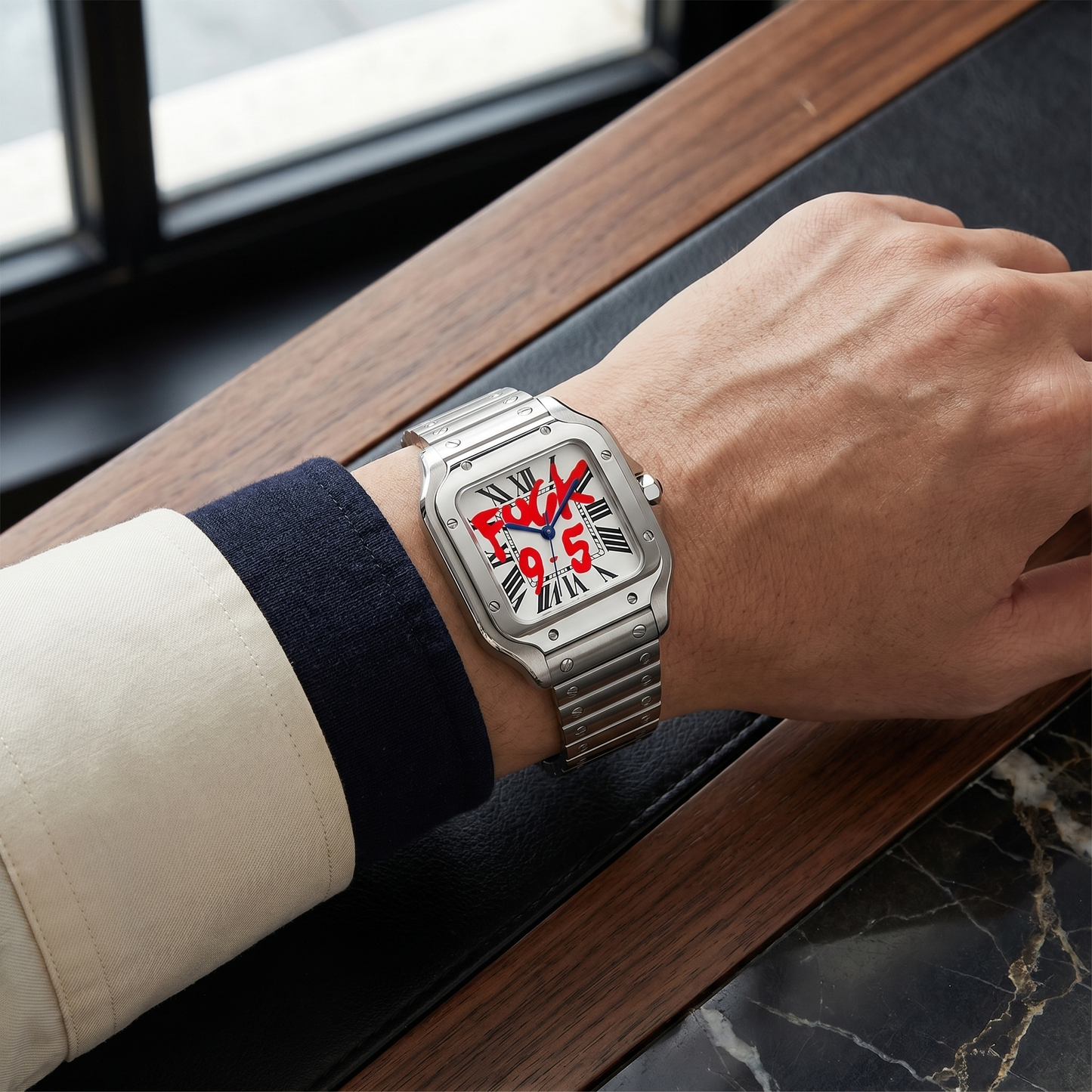 Santos-style custom mod watch, Velanti Milano Santvel White Fck 9 To 5 worn on wrist photo 13
