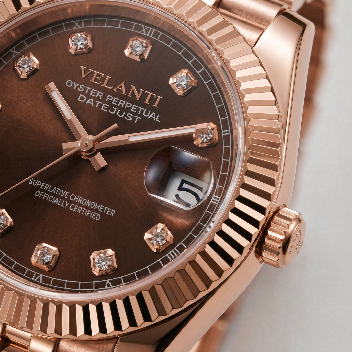 Datejust-style custom automatic watch, Velanti Milano Veljust Chocolate Crystals Rose Gold, watch detail photo
