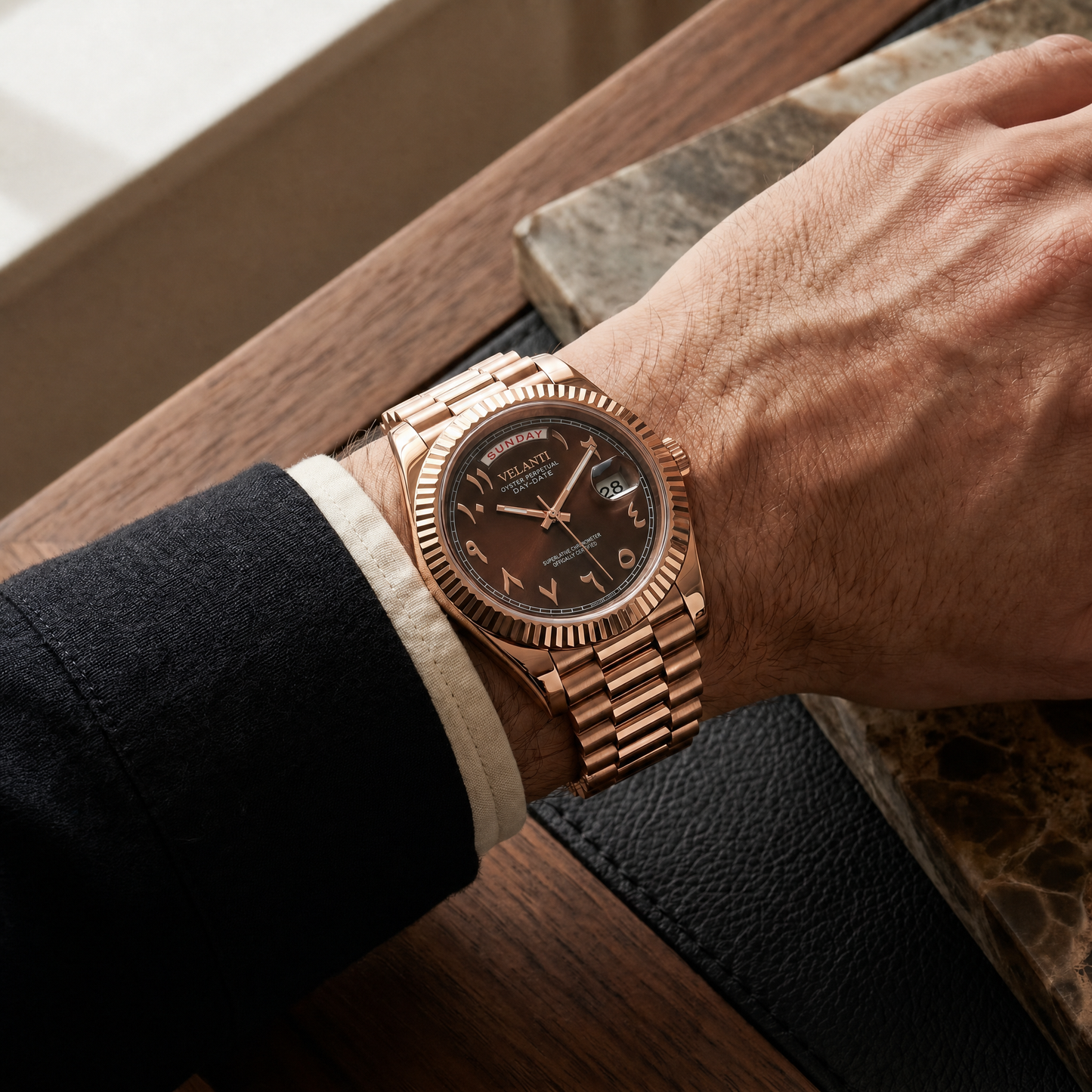 Datejust-style automatic watch, Velanti Milano Veljust Daydate Rose Gold - Chocolate Arabic, on-wrist photo