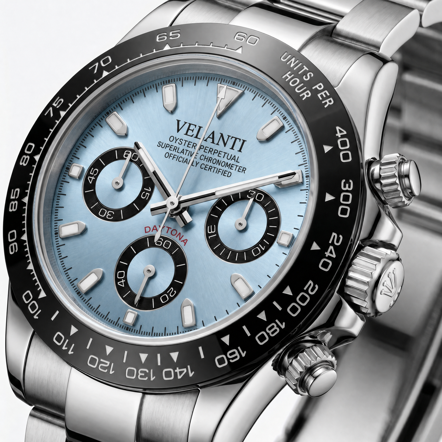 Daytona-style custom chronograph watch, Velanti Milano Veltona Ice Blue, watch detail photo