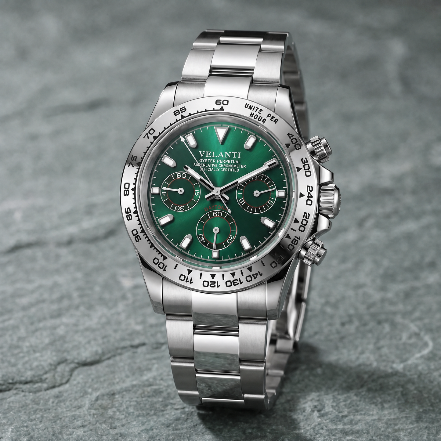 Daytona-style custom chronograph watch, Velanti Milano Veltona Silver Green, watch detail photo 11