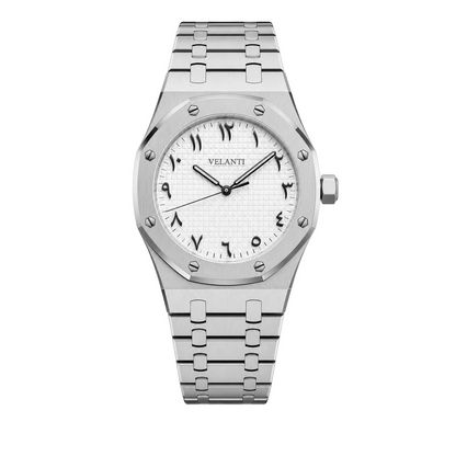 Royal Oak-style custom mod watch, Velanti Milano Royal Veloak Arabic White, main product photo