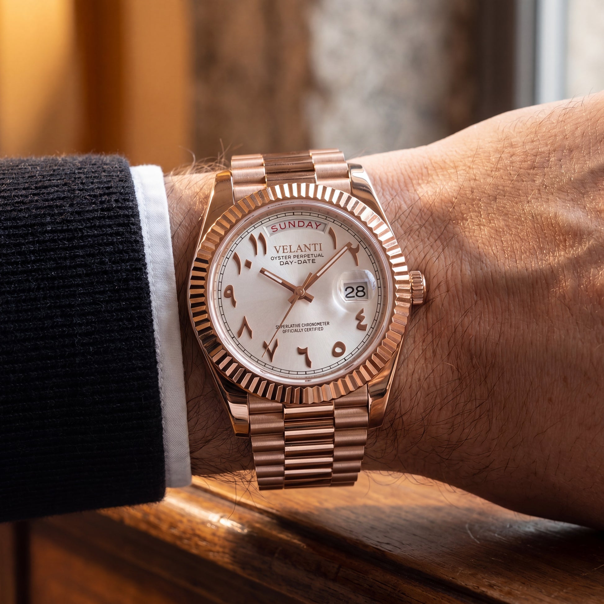 Datejust-style automatic watch, Velanti Milano Veljust Daydate Rose Gold - White Arabic, product photo 6
