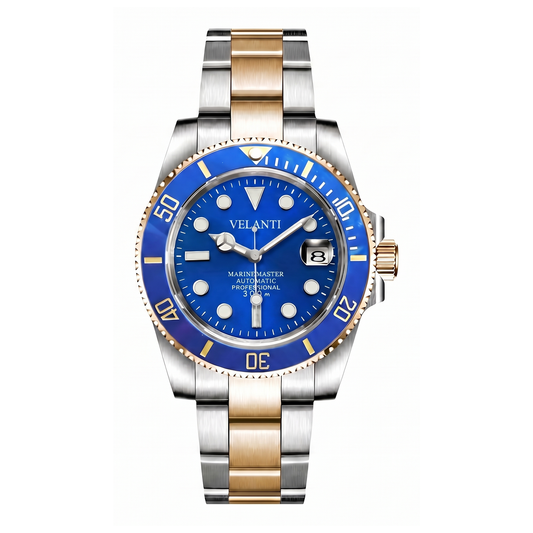 Submariner-style automatic watch, Velanti Milano Velmariner Blue (Two Tones), watch detail photo