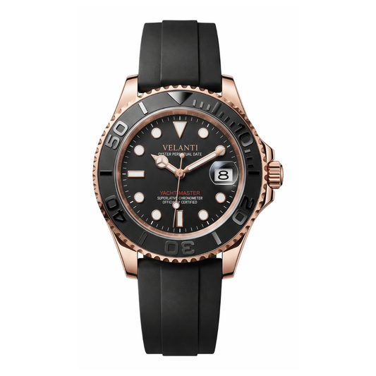 Submariner-style automatic watch, Velanti Milano Velmariner Rose Gold Black, main product photo