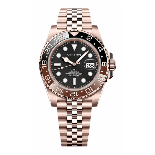 GMT-style automatic watch, Velanti Milano Gmtvel Rose Gold Rootbeer, main product photo