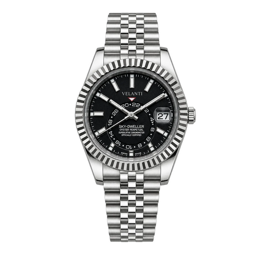 Datejust-style custom mod watch, Velanti Milano Veljust Sky Dweller Black, main product photo