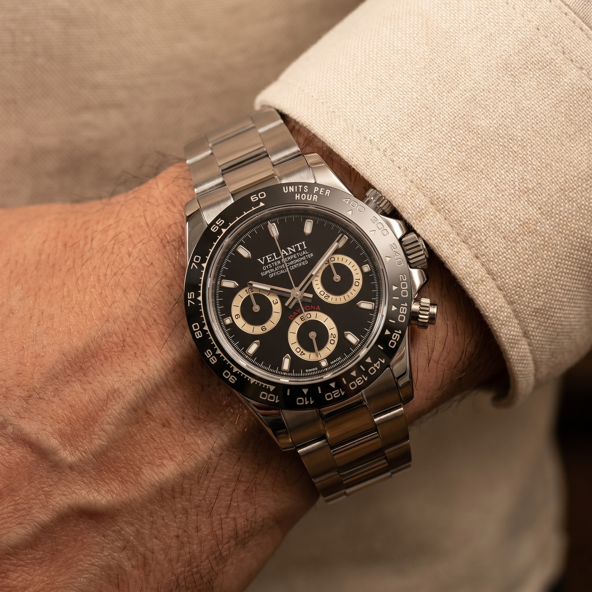 Daytona-style custom chronograph watch, Velanti Milano Veltona Black Panda worn on wrist photo 7