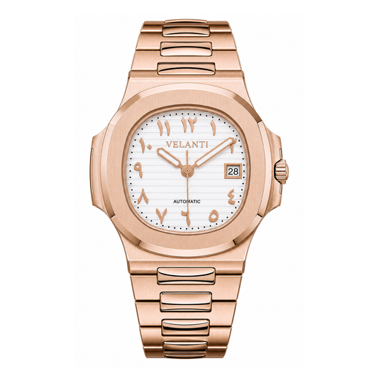 Nautilus-style automatic watch, Velanti Milano Nautvel Arabic Rose Gold White, main product photo