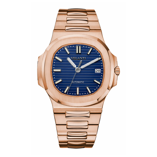 Nautilus-style automatic watch, Velanti Milano Nautvel Rose Gold Royal Blue, main product photo