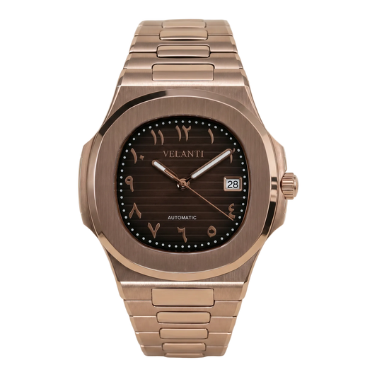 Nautilus-style automatic watch, Velanti Milano Nautvel Arabic Rose Gold Chocolate, main product photo