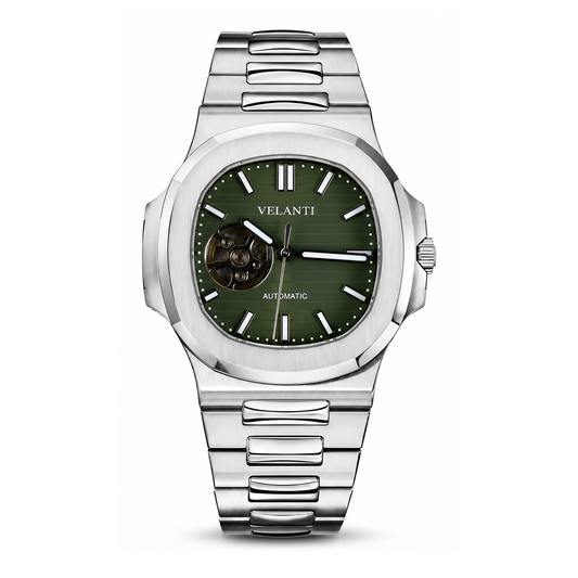 Nautilus-style automatic watch, Velanti Milano Nautvel Olive Green Open Movement, main product photo