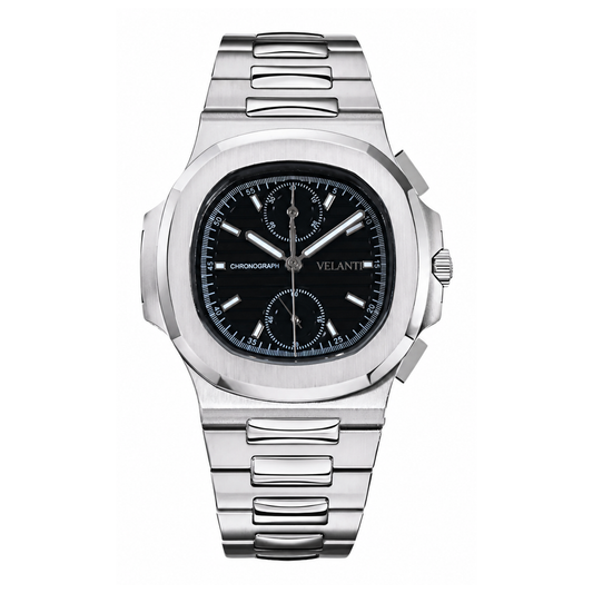 Nautilus-style chronograph watch, Velanti Milano Nautvel Chrono Black, main product photo