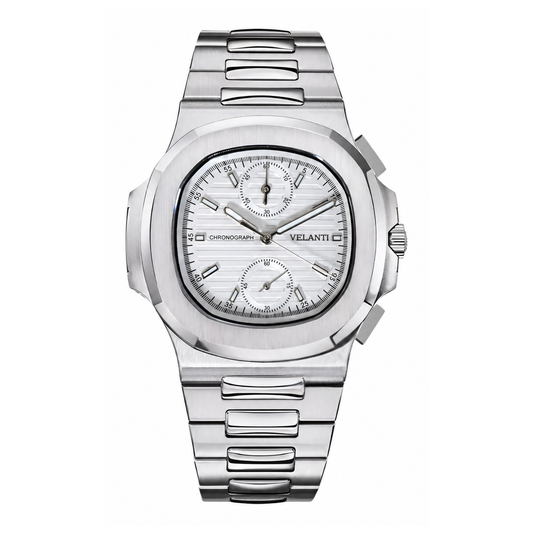 Nautilus-style chronograph watch, Velanti Milano Nautvel Chrono White, main product photo