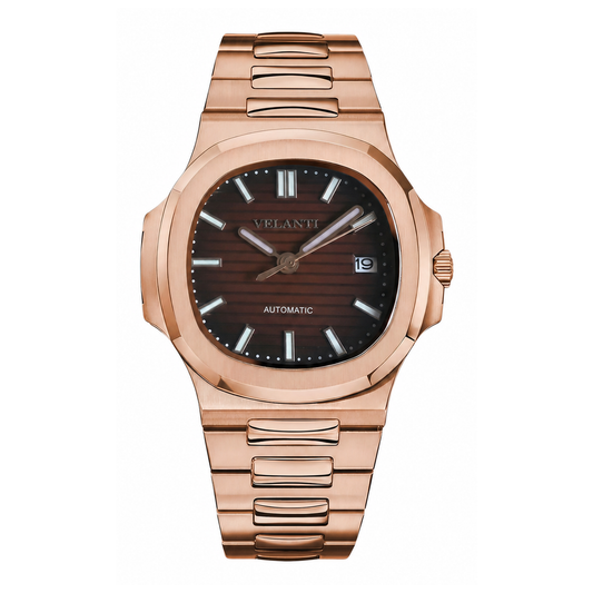 Nautilus-style automatic watch, Velanti Milano Nautvel Rose Gold Brown, main product photo