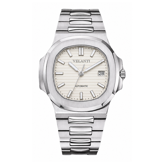 Nautilus-style automatic watch, Velanti Milano Nautvel Cream, white-background catalog photo