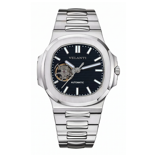 Nautilus-style automatic watch, Velanti Milano Nautvel Black Open Movement, main product photo