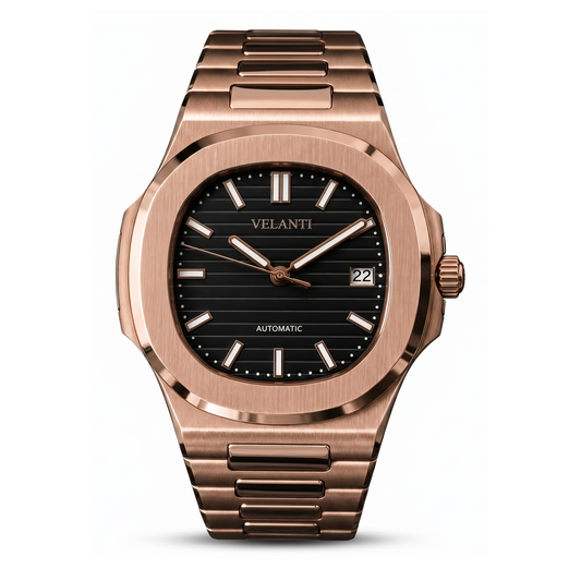 Nautilus-style automatic watch, Velanti Milano Nautvel Rose Gold Black, main product photo