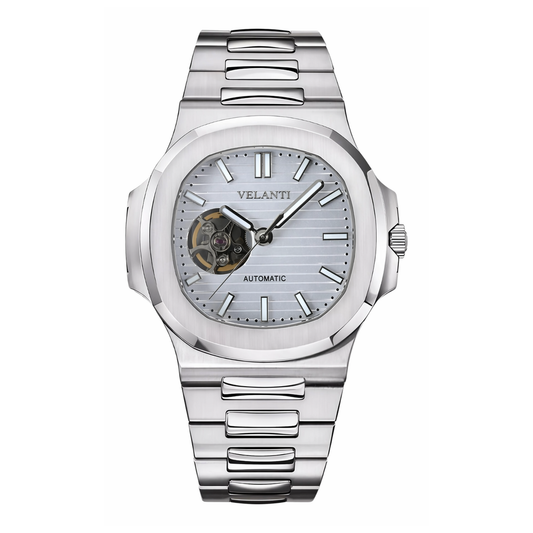 Nautilus-style automatic watch, Velanti Milano Nautvel White Open Heart, main product photo