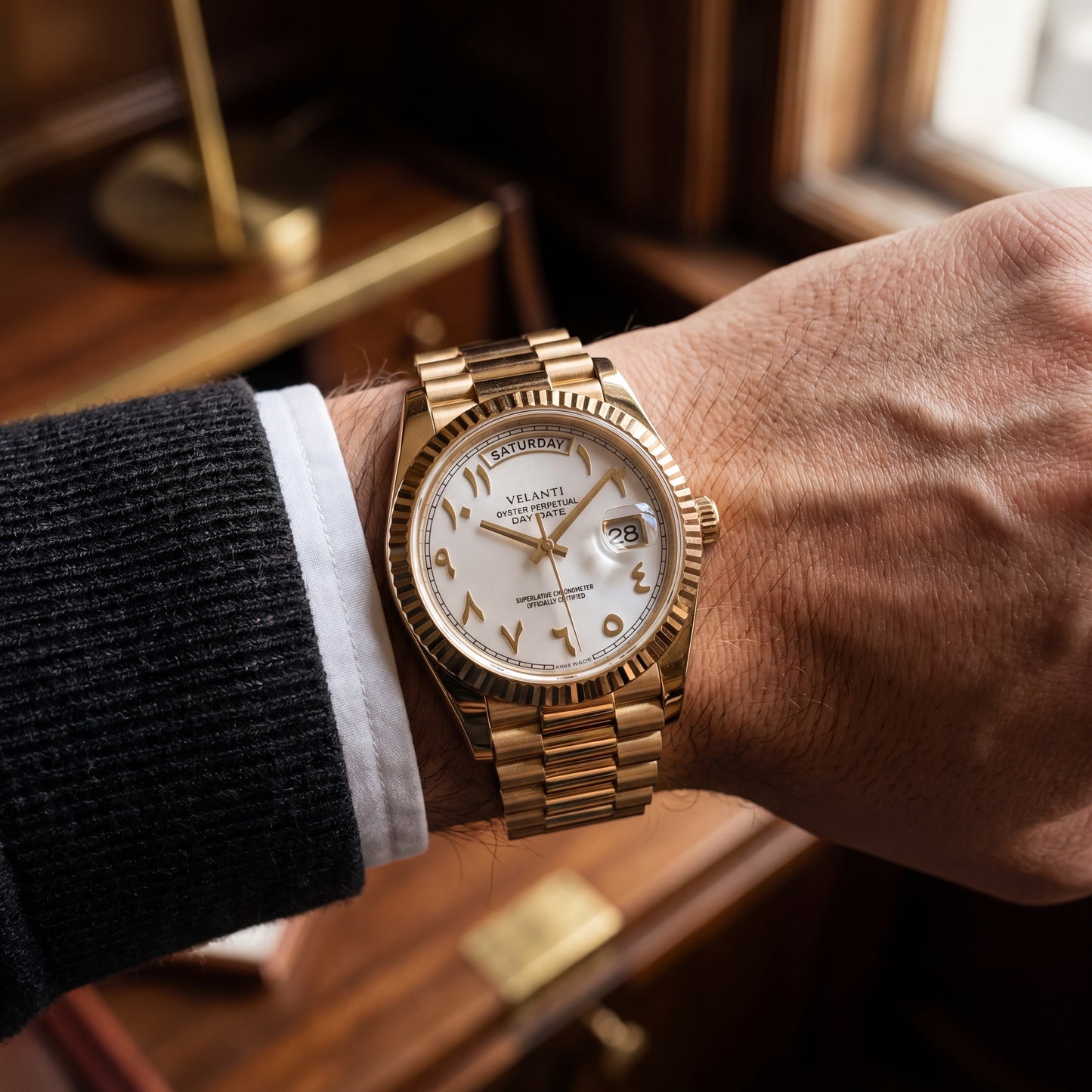 Datejust-style automatic watch, Velanti Milano Veljust Daydate Yellow Gold - White Arabic, product photo 4