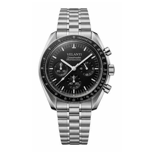 Speedmaster-style chronograph watch, Velanti Milano Speedvel Black, main product photo