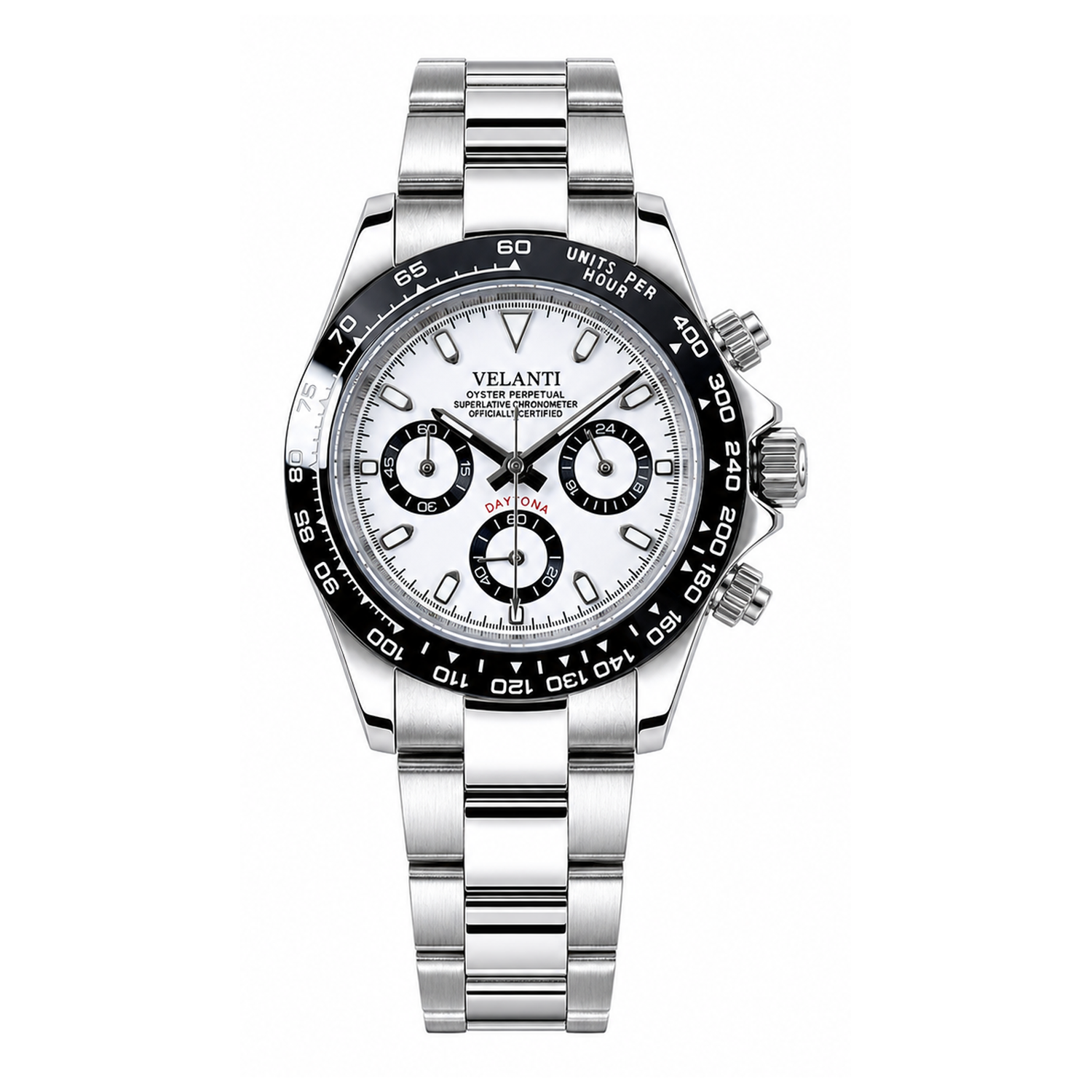 Velanti Milano Veltona Panda chronograph watch, complete front view on white