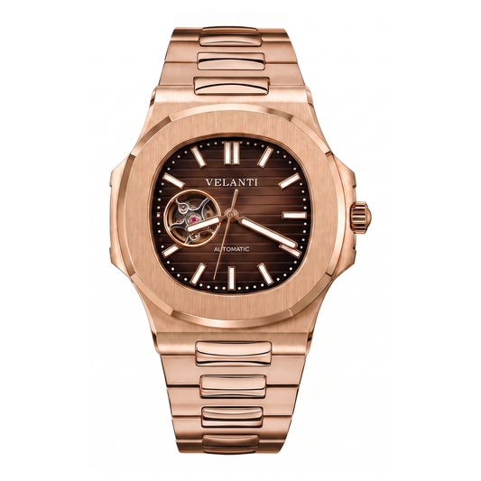 Nautilus-style open-heart watch, Velanti Milano Nautvel Rose Gold Chocolate, main product photo