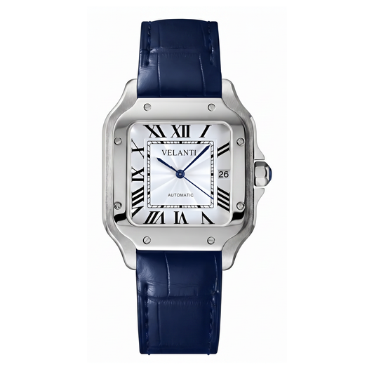 Santos-style automatic watch, Velanti Milano Santvel White Blue Leather, main product photo