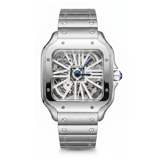 Santos-style automatic watch, Velanti Milano Santvel White Skeleton, main product photo