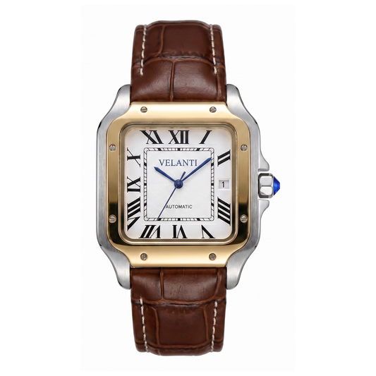 Santos-style automatic watch, Velanti Milano Santvel White Brown Leather, main product photo