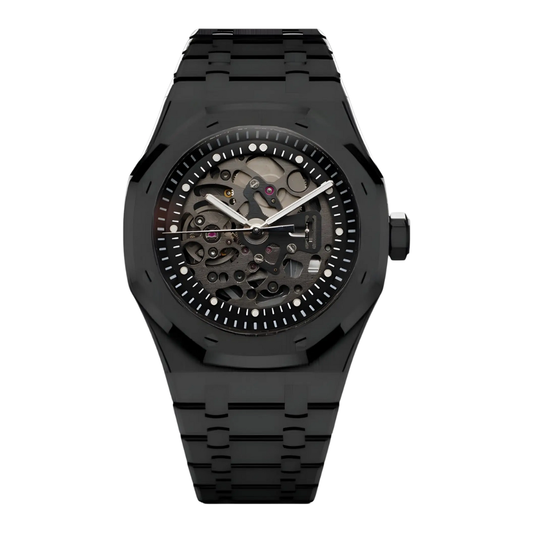 Royal Oak-style automatic watch, Velanti Milano Royal Veloak Skeleton Full Black, main product photo