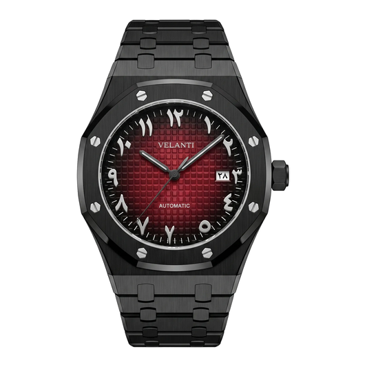 Royal Oak-style automatic watch, Velanti Milano Royal Veloak Arabic Black Red, case back photo