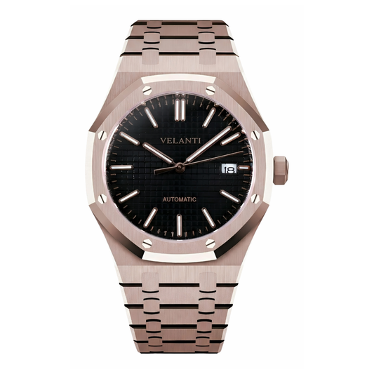Royal Oak-style automatic watch, Velanti Milano Royal Veloak Rose Gold Black, main product photo