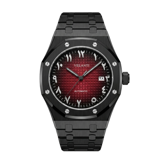 Royal Oak-style custom automatic watch, Velanti Milano Royal Veloak Arabic Black Red, case back photo