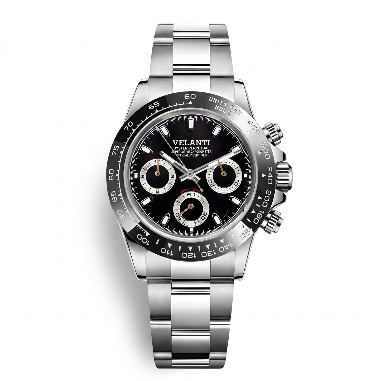 Daytona-style custom chronograph watch, Velanti Milano Veltona Black Panda, case back photo