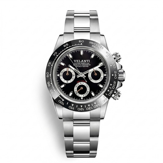 Daytona-style custom chronograph watch, Velanti Milano Veltona Black Panda, case back photo