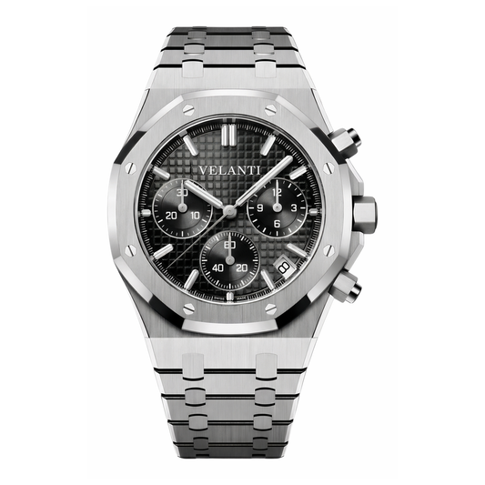 Royal Oak-style chronograph watch, Velanti Milano Royal Veloak Chrono Black, main product photo