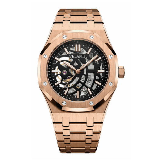 Royal Oak-style automatic watch, Velanti Milano Royal Veloak Rose Gold Skeleton, main product photo