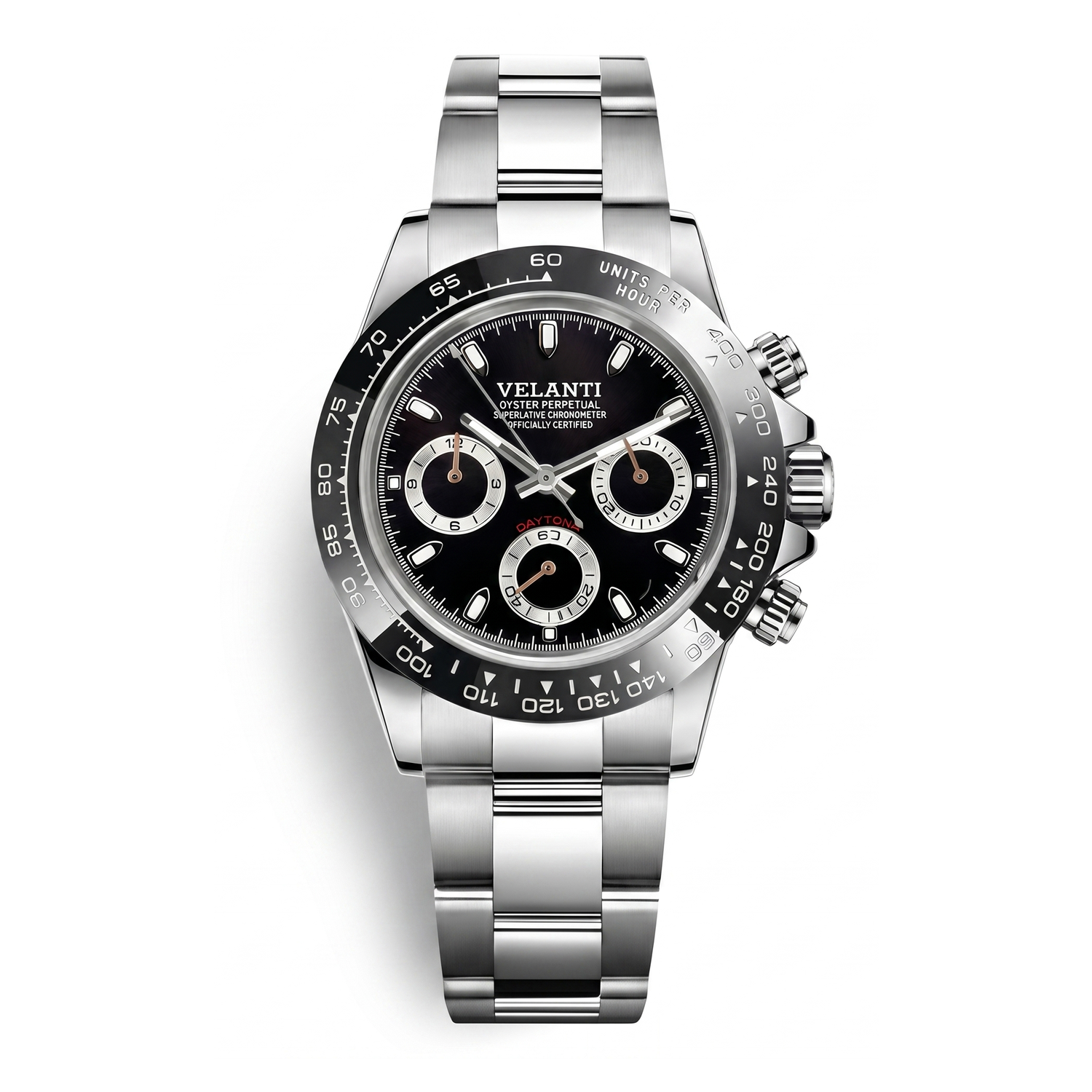 Daytona-style chronograph watch, Velanti Milano Veltona Black Panda, case back photo