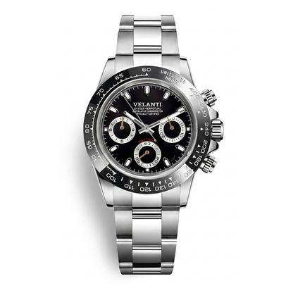 Daytona-style chronograph watch, Velanti Milano Veltona Black Panda, case back photo