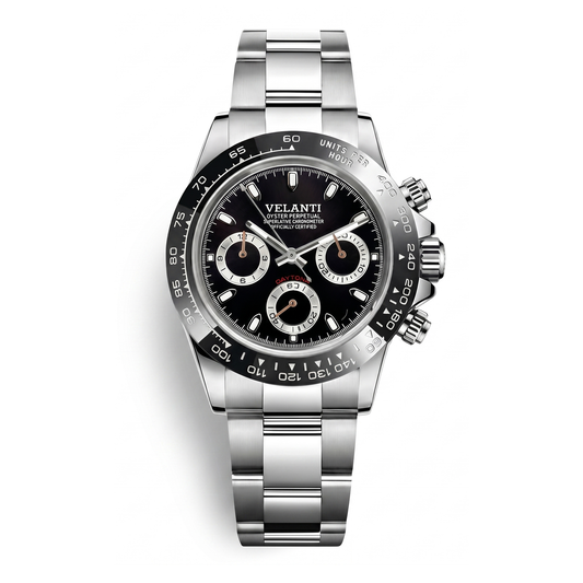 Daytona-style chronograph watch, Velanti Milano Veltona Black Panda, case back photo