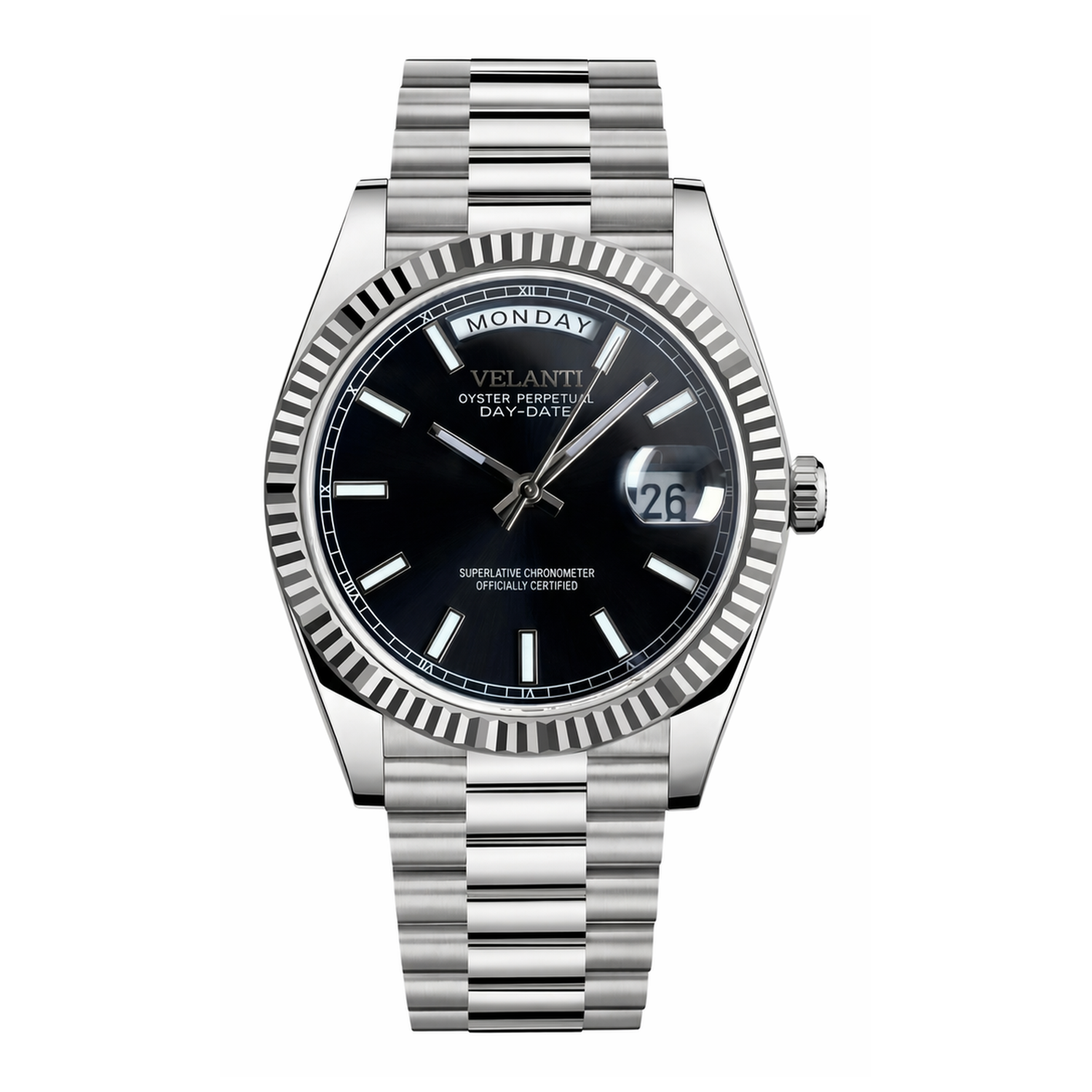 Datejust-style automatic watch, Velanti Milano Veljust Daydate Classic Black, main product photo